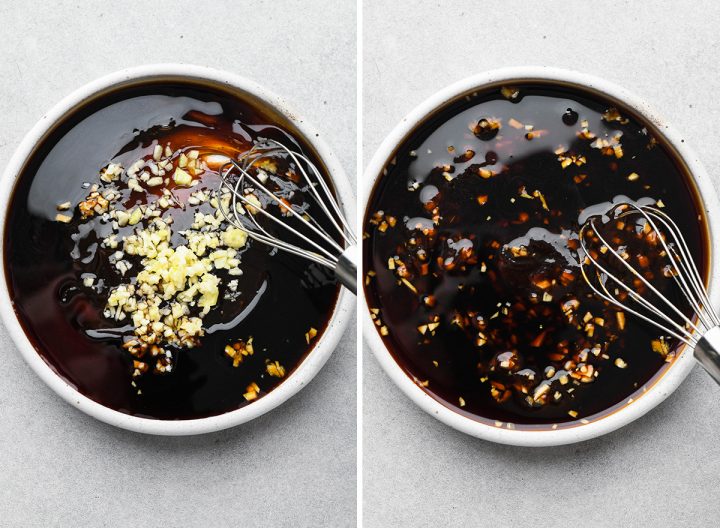 two photos showing how to make the marinade for this Asian Chicken Salad