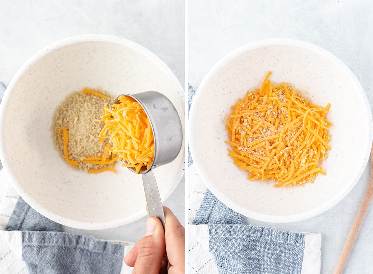 two photos showing how to make the topping for this Mac & Cheese Cups recipe