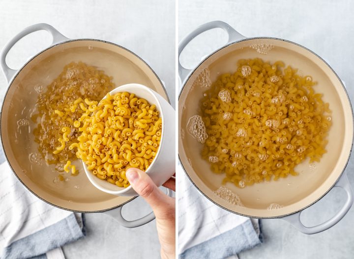 two photos showing how to cook macaroni to make Baked Mac & Cheese Cups