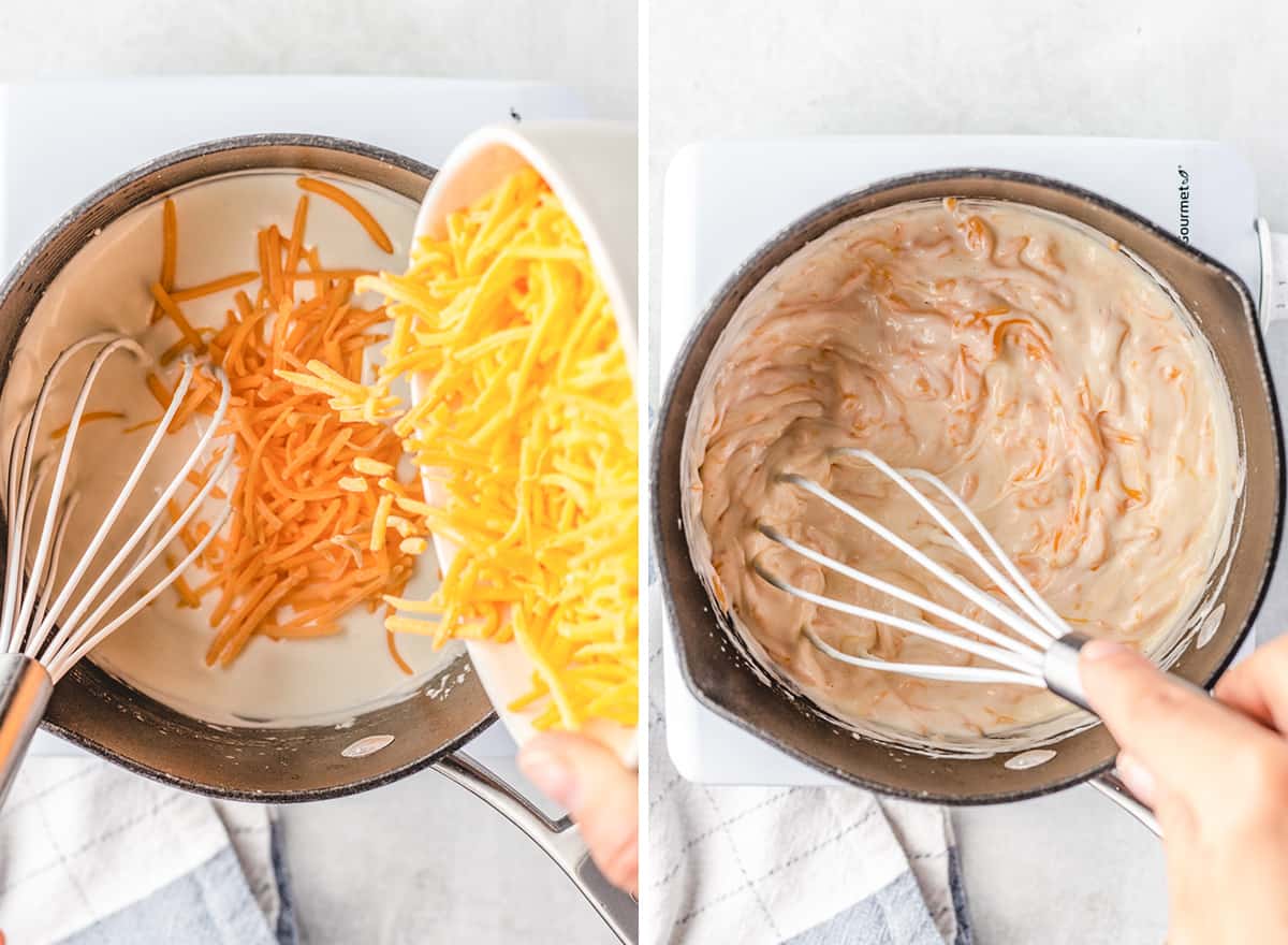 two photos showing how to make backed mac and cheese cups