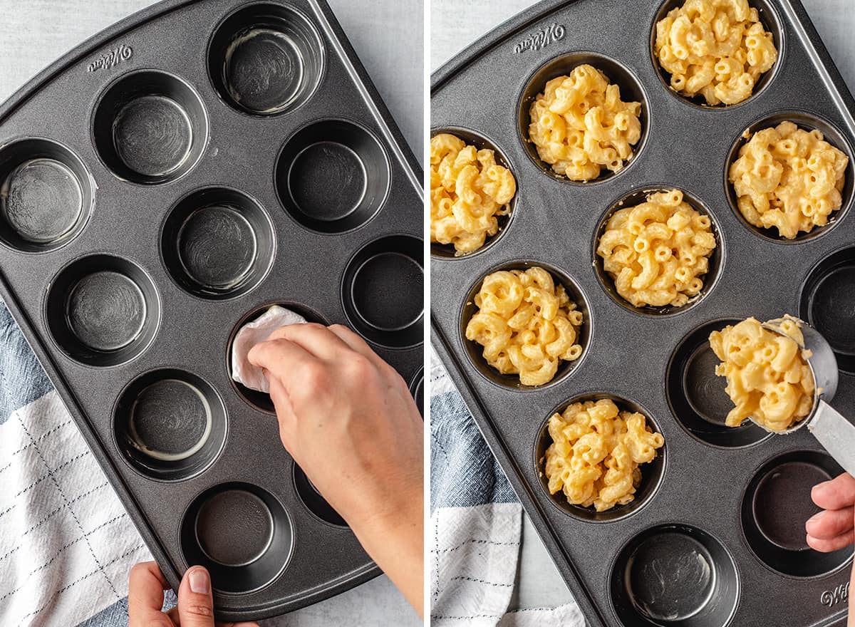 two photos showing how to make backed mac and cheese cups