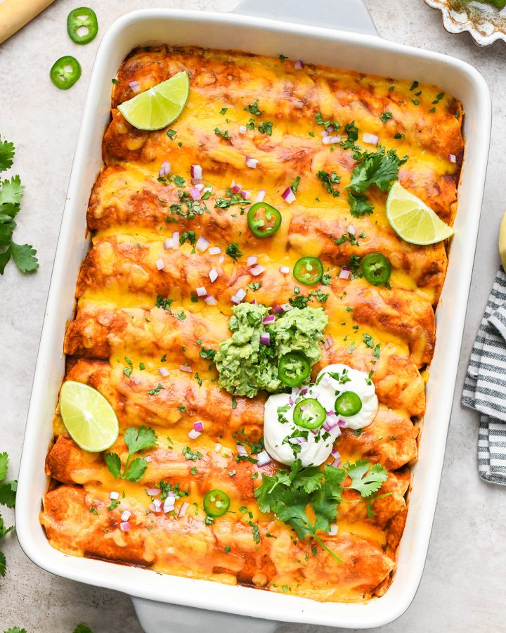 overhead view of a pan of Ground Beef Enchiladas