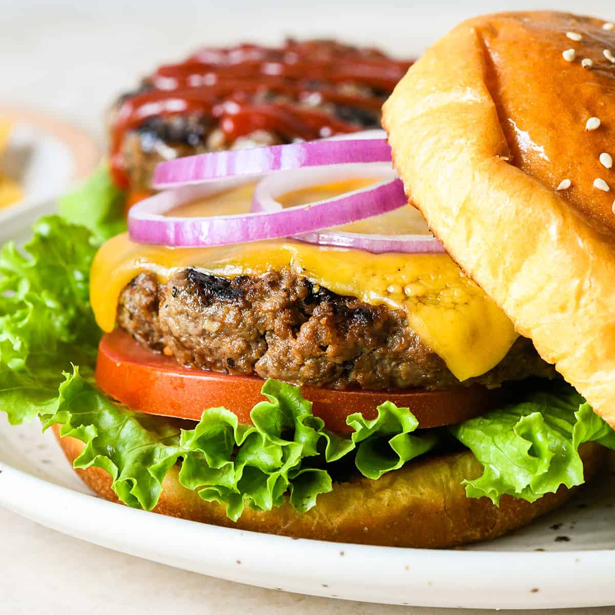 homemade hamburger patty on a bun with toppings