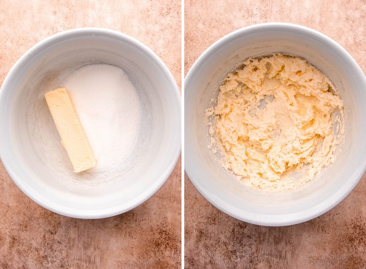 two photos showing how to make Blueberry Coffee Cake - beating butter and sugar together
