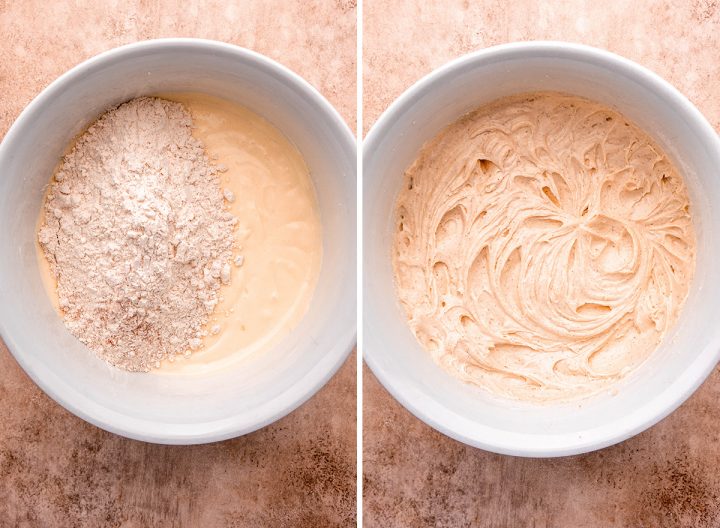 two photos showing how to make Blueberry Coffee Cake - combining wet and dry ingredients