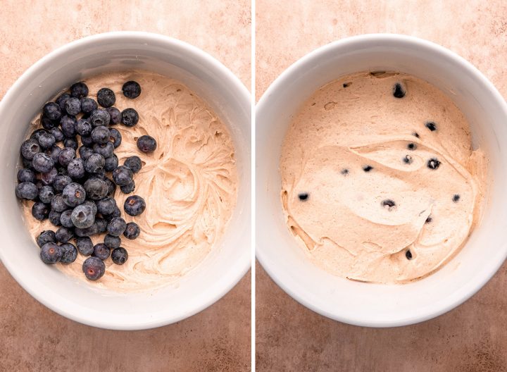 two photos showing how to make Blueberry Coffee Cake - mixing in blueberries