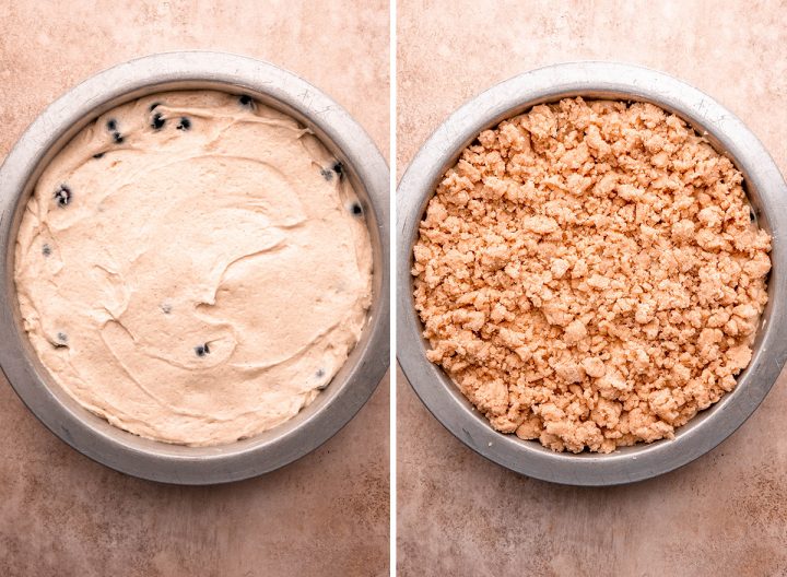 two photos showing how to assemble Blueberry Coffee Cake