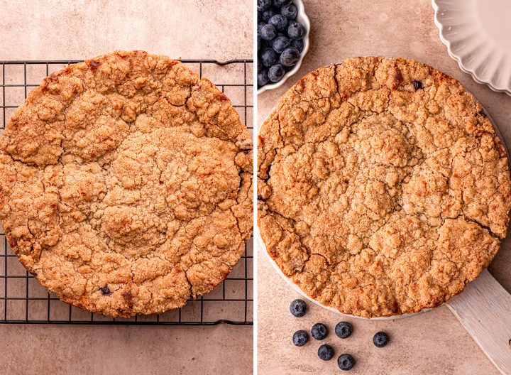 two photos showing blueberry coffee cake cooling on a wire rack, then on a serving plate