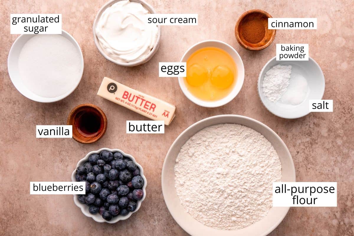 overhead photo of the ingredients in this Blueberry Coffee Cake recipe