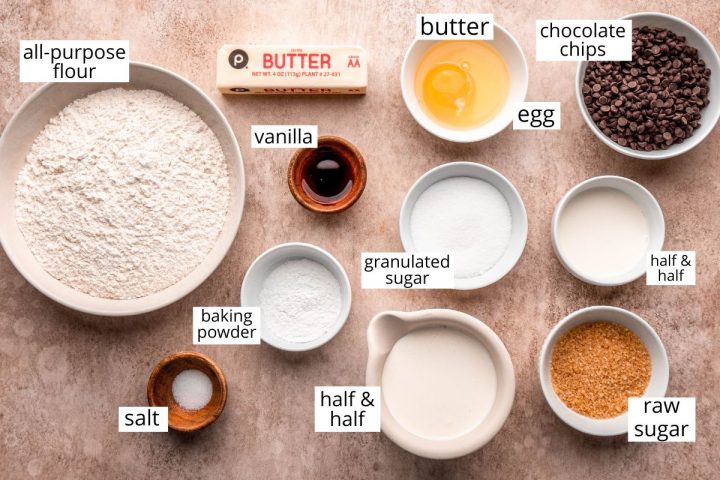 overhead photo of the ingredients in this Chocolate Chip Scones recipe