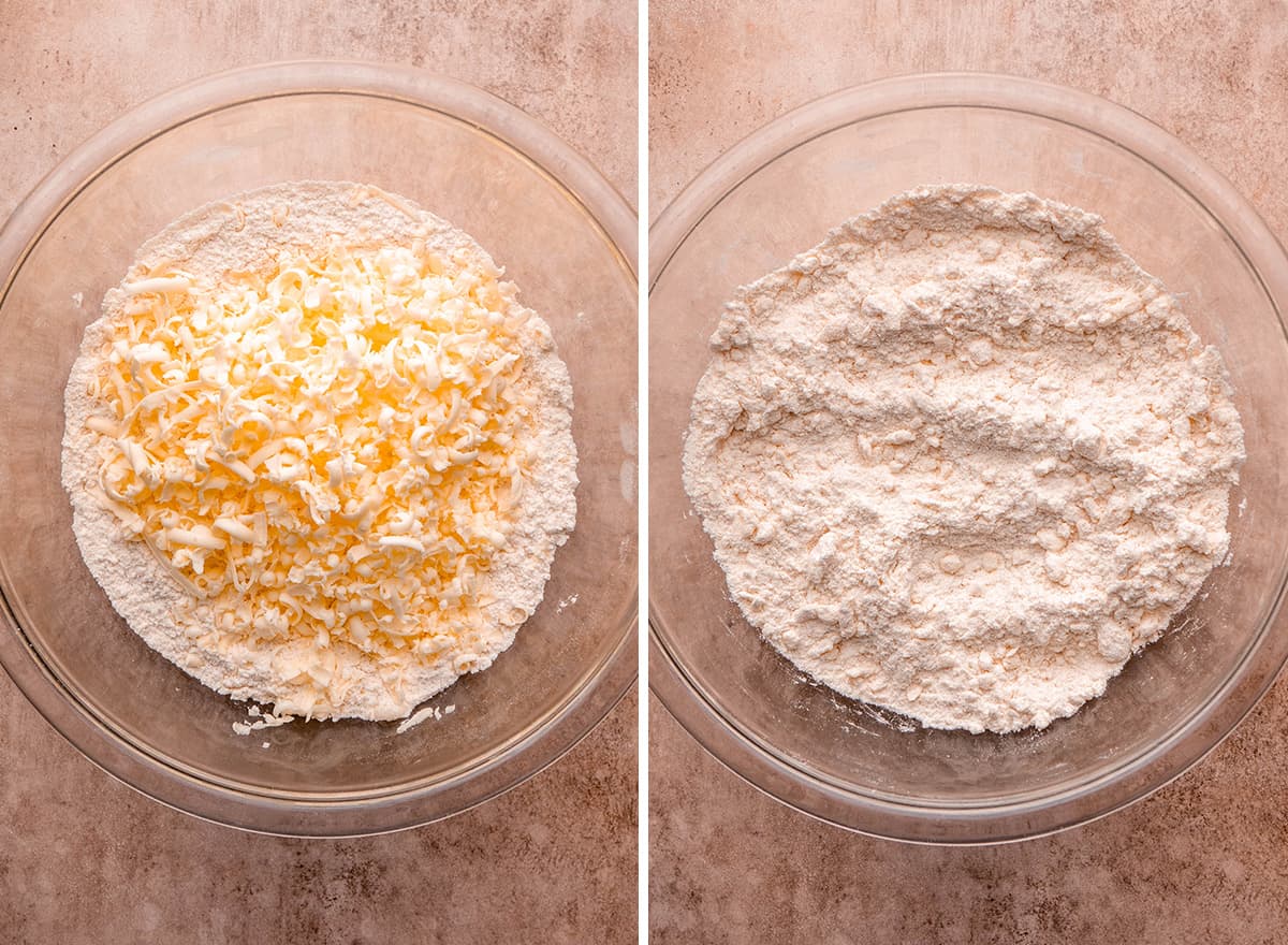 two photos showing how to make Chocolate Chip Scones - mixing butter into dry ingredients