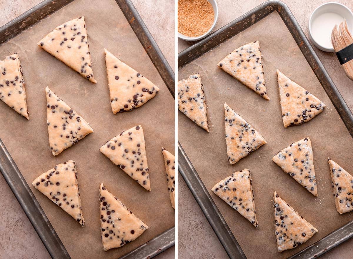 two photos showing how to make Chocolate Chip Scones on the baking sheet brushing with cream and sugar