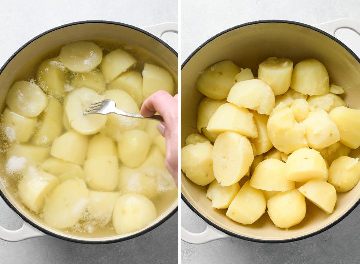 cooked potatoes being pierced with a fork then in a pot after being drained. 