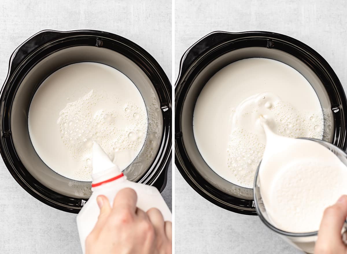 two photos showing How to Make Crockpot Hot Chocolate - pouring milk and cream into the slow cooker