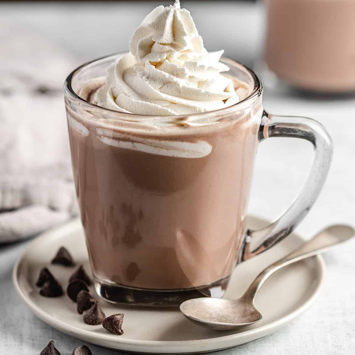 a glass mug of Crockpot Hot Chocolate topped with whipped cream