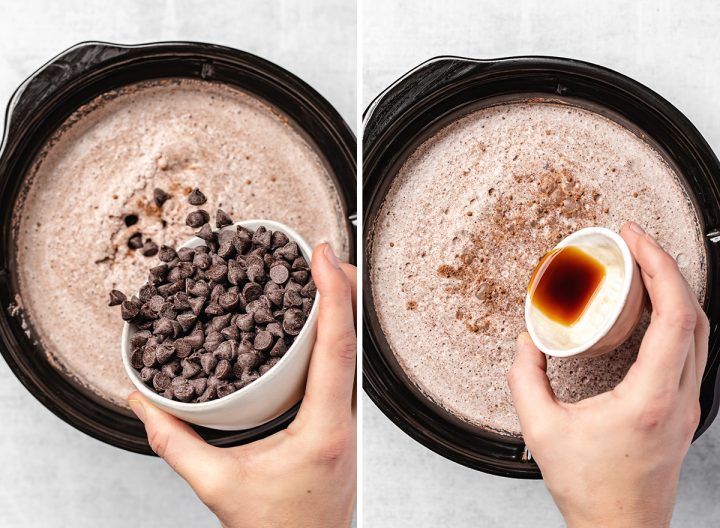 two photos showing How to Make Crockpot Hot Chocolate - adding chocolate chips and vanilla to the crockpot