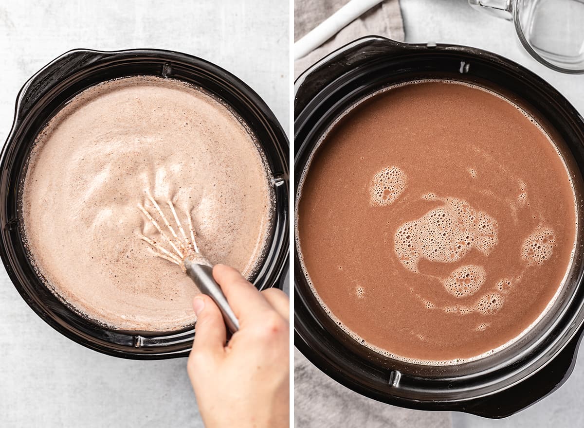 two photos showing How to Make Crockpot Hot Chocolate - whisking the ingredients