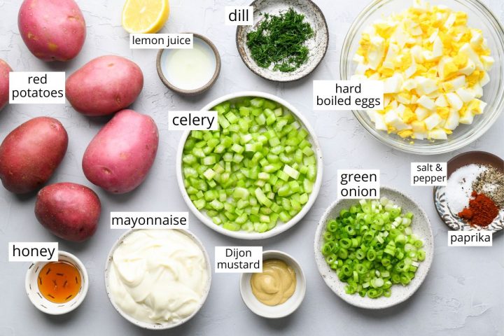 overhead photo of the ingredients in this Potato Salad Recipe