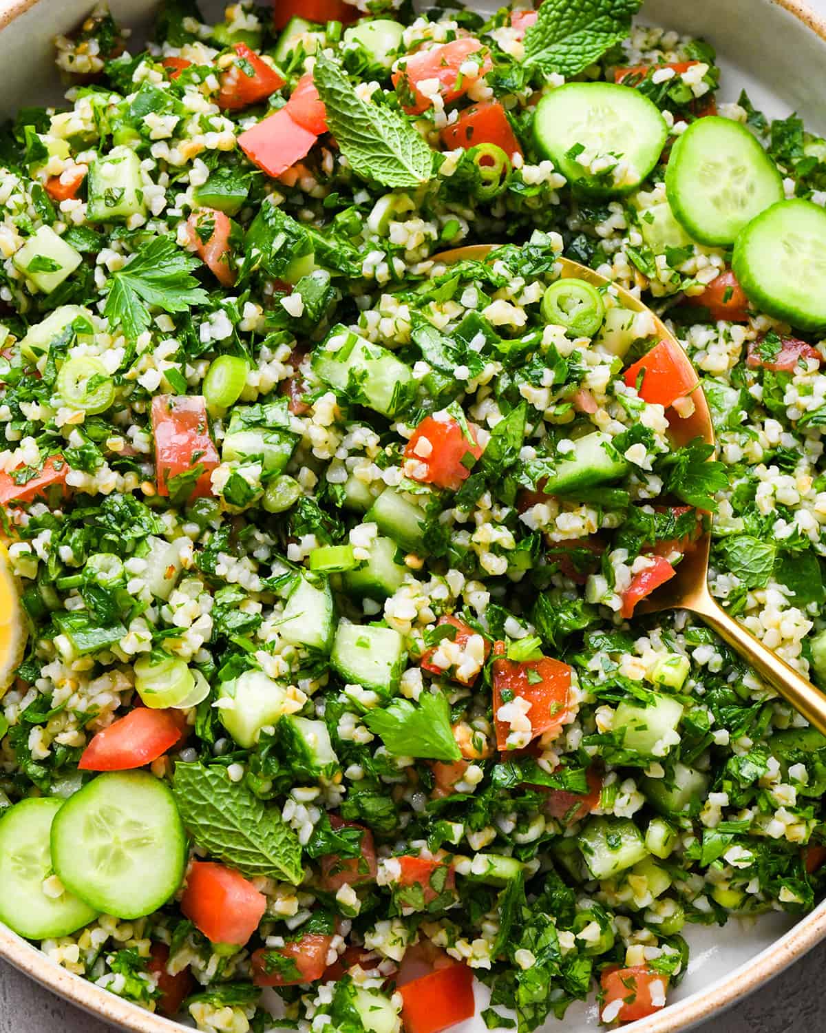 Tabbouleh Recipe in a serving dish with a spoon