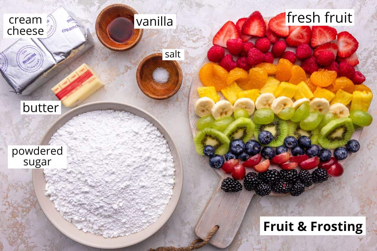 frosting and fruit ingredients in this Fruit Pizza recipe