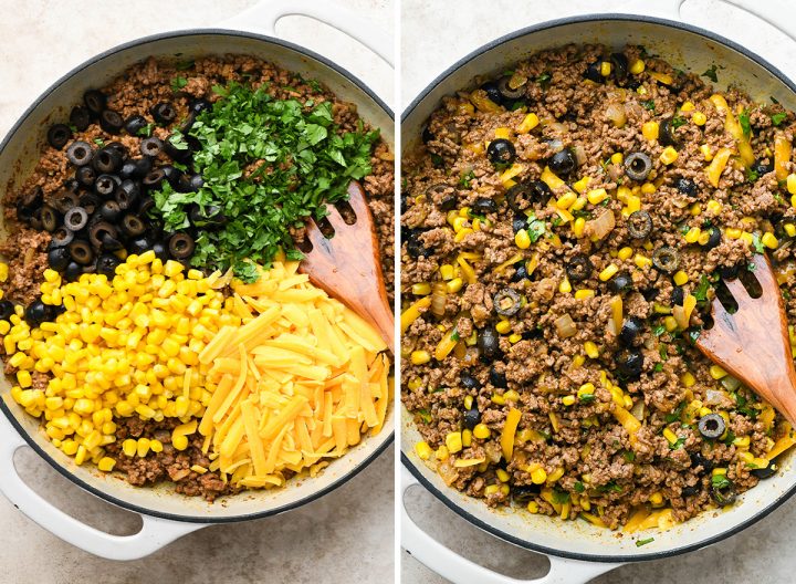 two photos showing How to Make Beef Enchiladas - making the filling