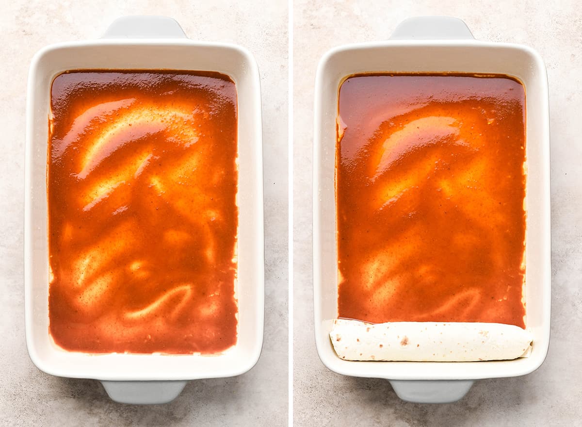 two photos showing How to Make Beef Enchiladas - assembling the enchiladas in a baking pan