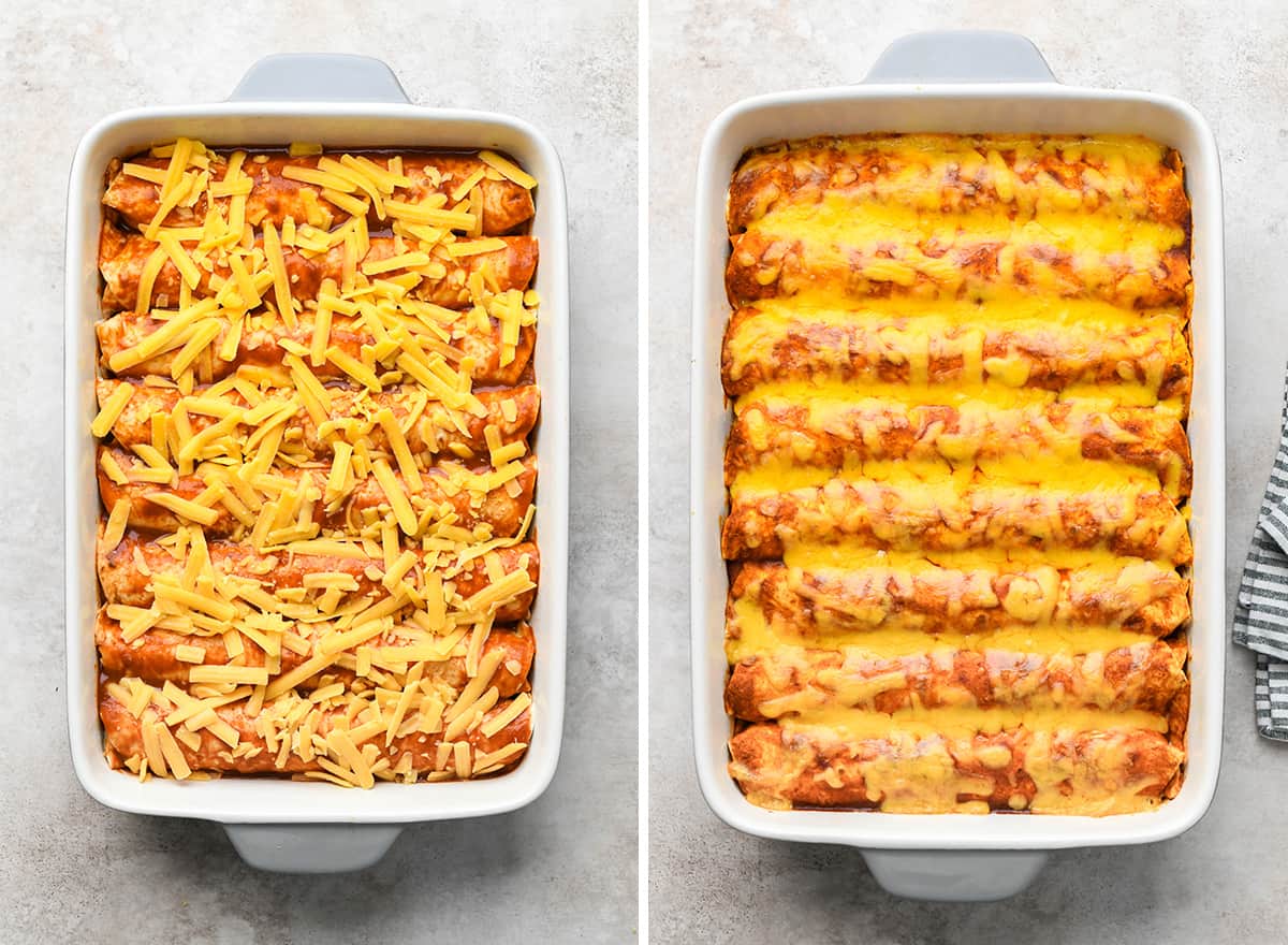 beef enchiladas in a baking pan before and after baking