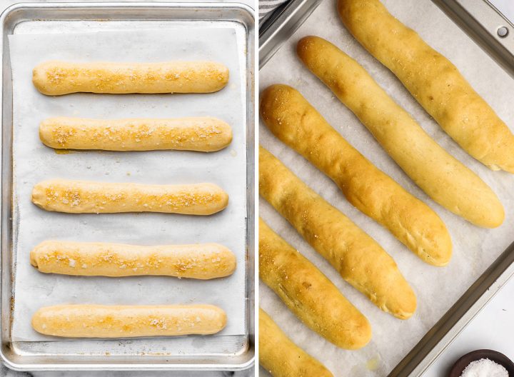 two photos showing How to Make Breadsticks - breadsticks before and after baking