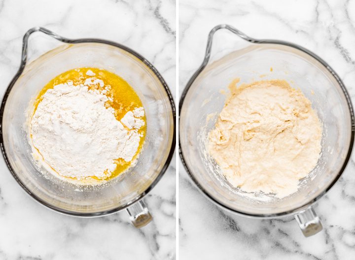 two photos showing How to Make Breadsticks - adding flour and salt