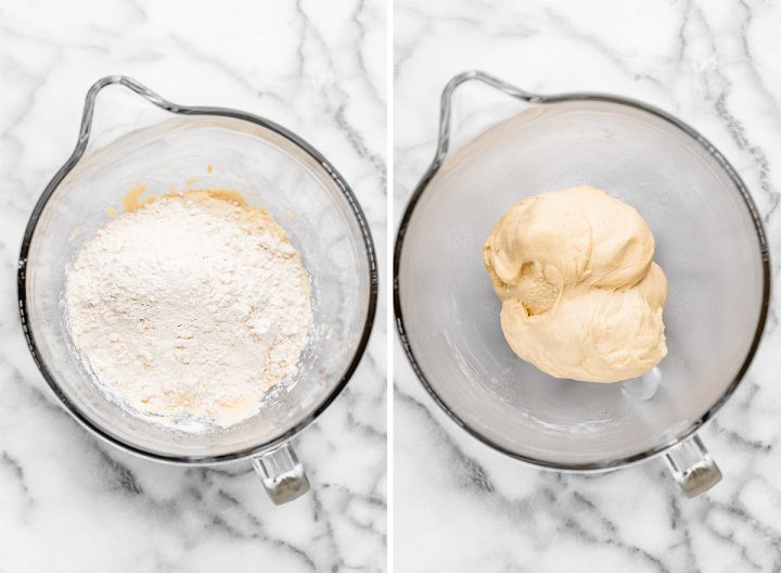 two photos showing How to Make Breadsticks - adding more flour and the dough after kneading into a ball