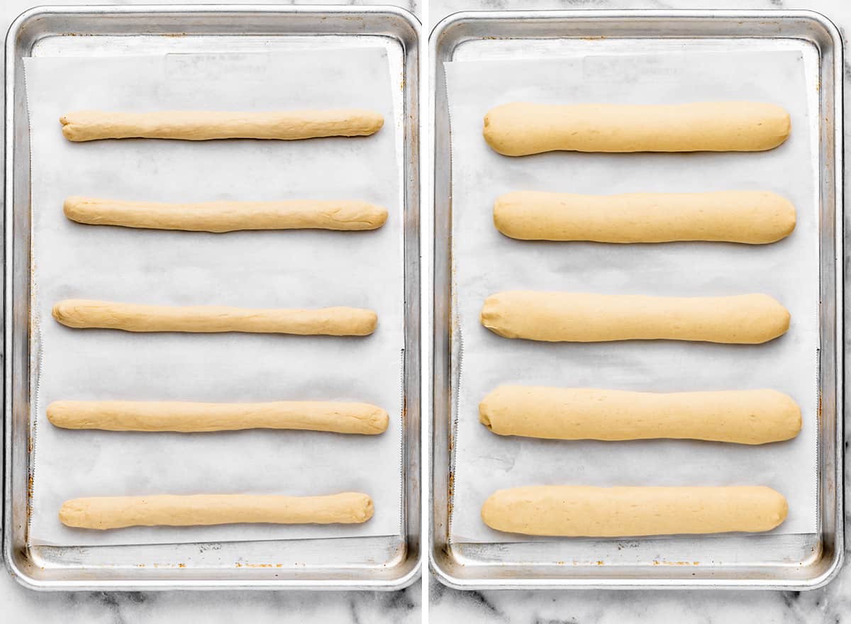 two photos showing How to Make Breadsticks - formed breadsticks on a baking sheet before and after rising the second time