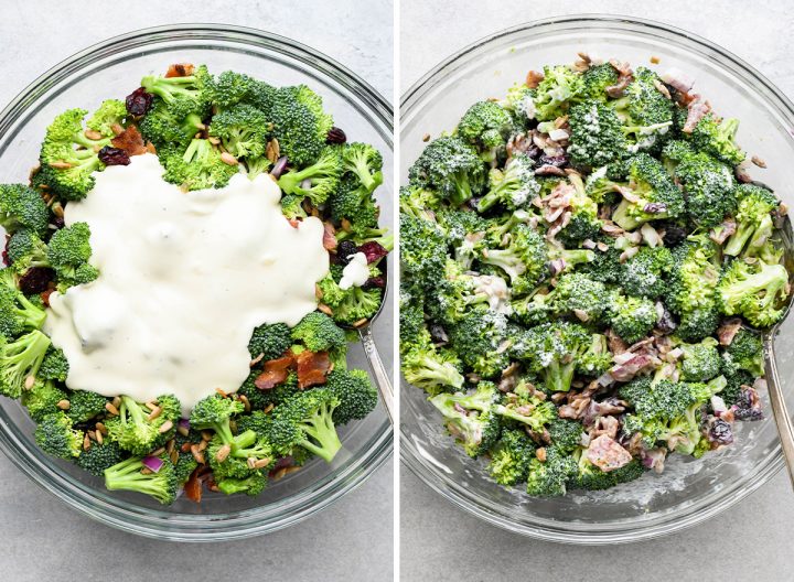 two photos showing the dressing being added to Broccoli Salad in a large glass bowl