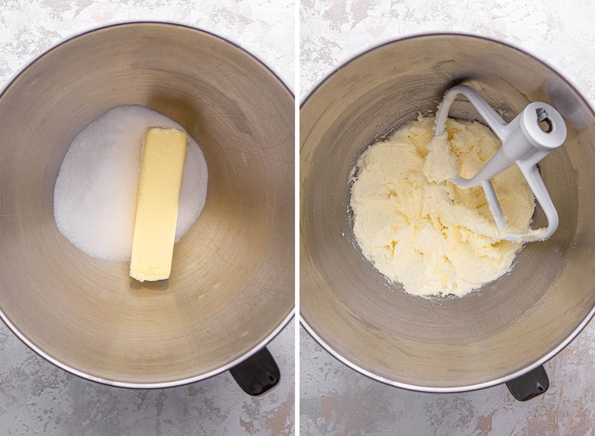 two photos showing How to Make Fruit Pizza - creaming together butter and sugar for the sugar cookie crust