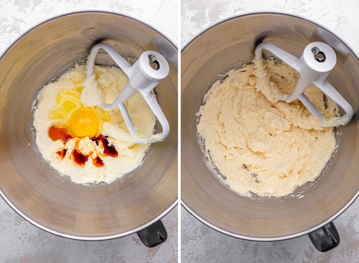 two photos showing How to Make Fruit Pizza sugar cookie crust -  adding eggs and vanilla