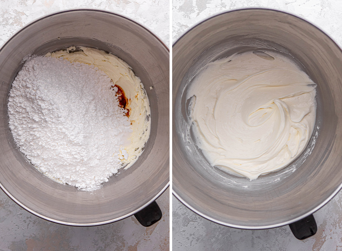 two photos showing how to make the cream cheese frosting for fruit pizza - adding powdered sugar and vanilla