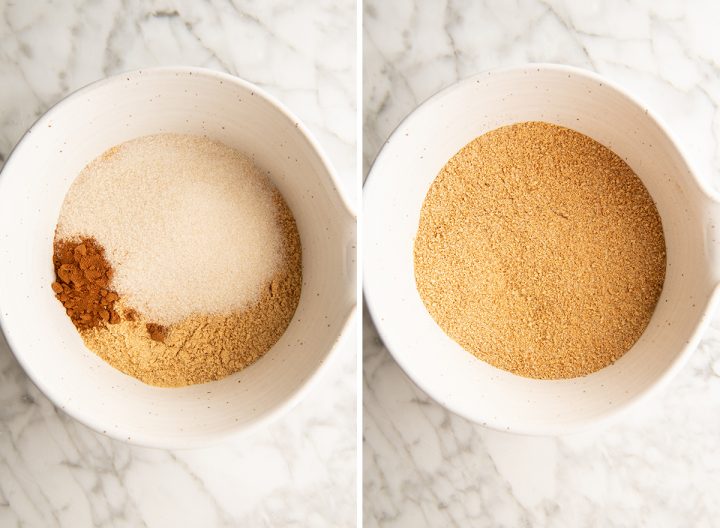 two photos showing How to Make Graham Cracker Crust - combining dry ingredients