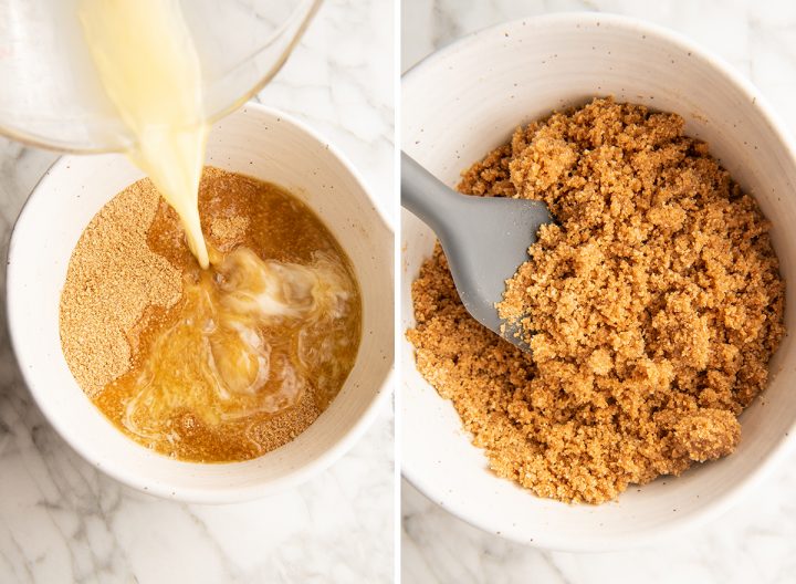 two photos showing How to Make Graham Cracker Crust - adding melted butter