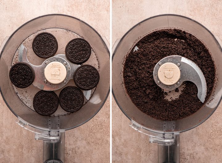 two photos showing how to make Oreo Cheesecake - processing oreos for the filling