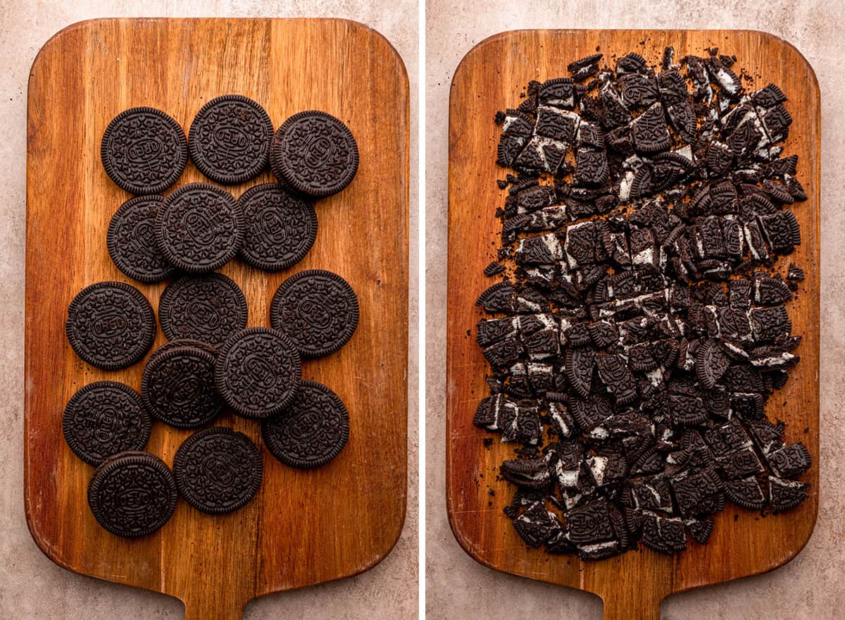 two photos showing how to make Oreo Cheesecake - chopping oreos for the filling