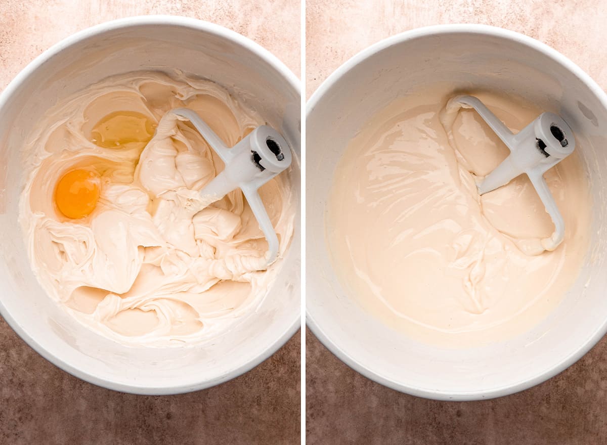 two photos showing how to make Oreo Cheesecake - adding eggs