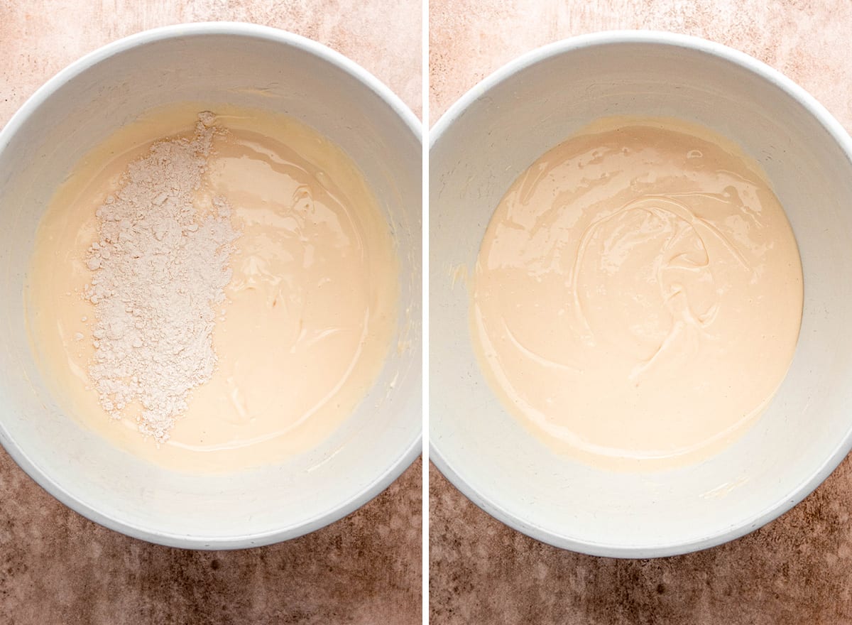 two photos showing how to make Oreo Cheesecake - stirring in flour