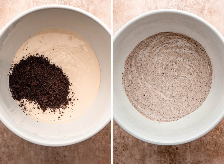 two photos showing how to make Oreo Cheesecake - adding Oreo cookie crumbs
