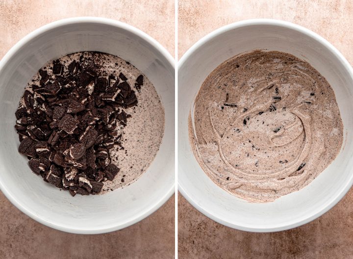 two photos showing how to make Oreo Cheesecake - folding in large pieces of chopped oreos 
