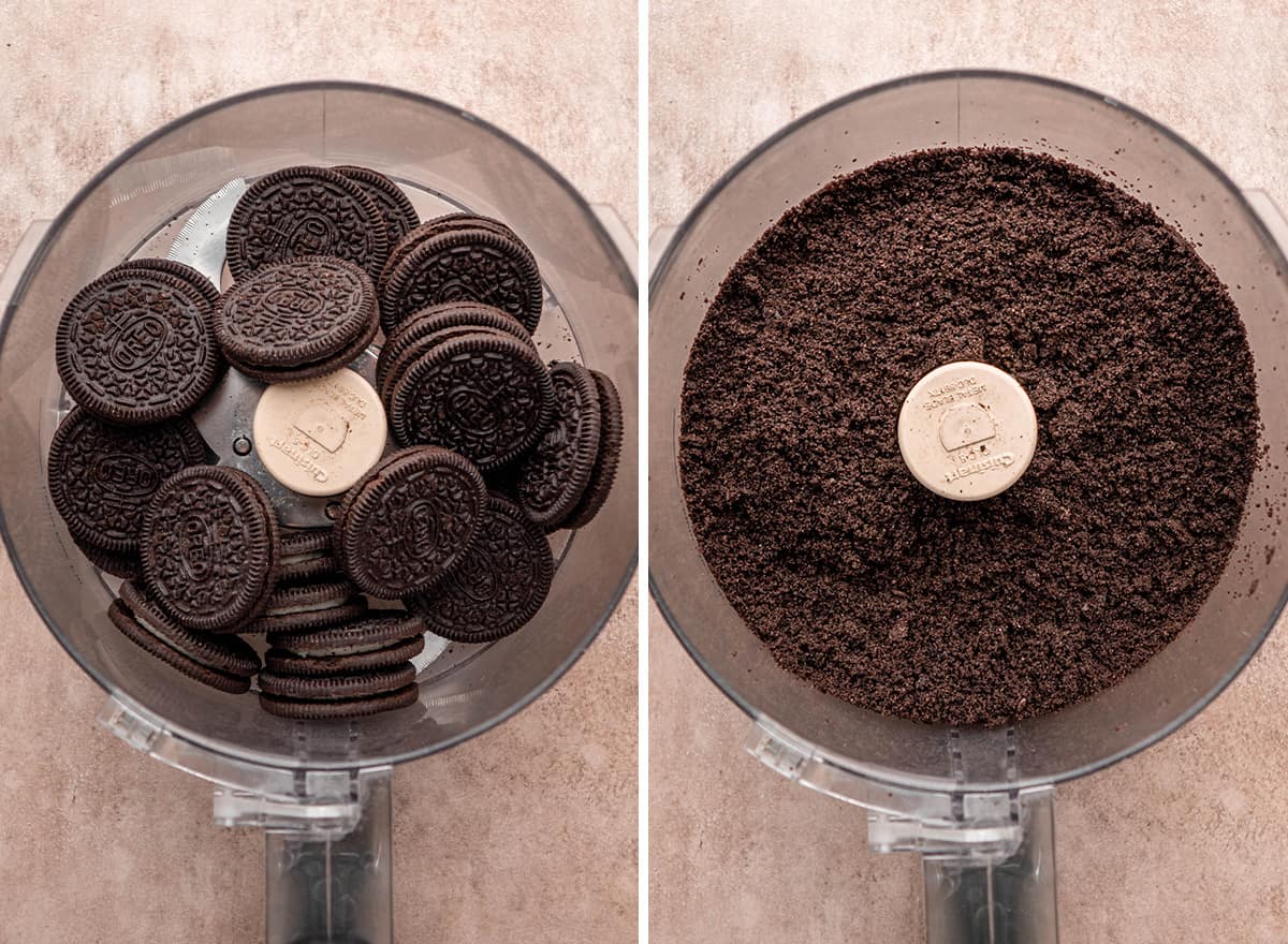 two photos showing How to Make Oreo Cheesecake - processing oreos to make crumbs in a food processor