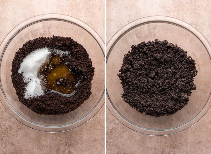 two photos showing How to Make an oreo crust for this Oreo Cheesecake recipe