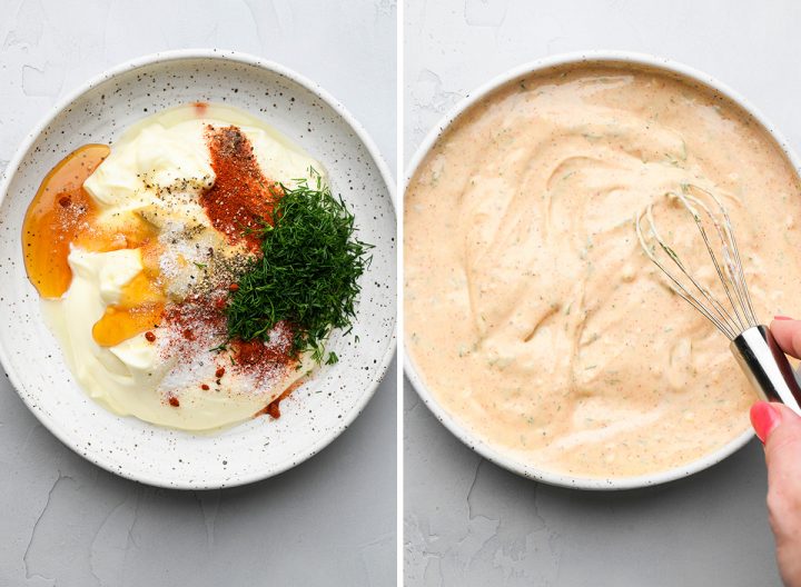 two photos showing how to make the dressing for this potato salad recipe