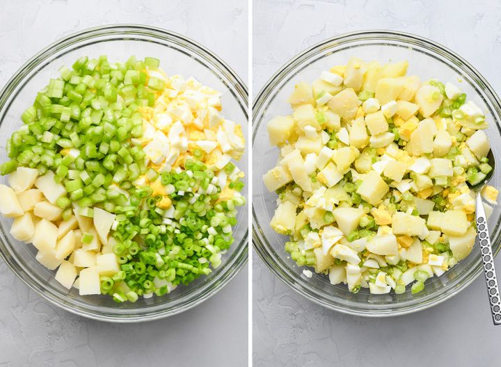 two photos showing How to Make Potato Salad - combining the potatoes, eggs and vegetables