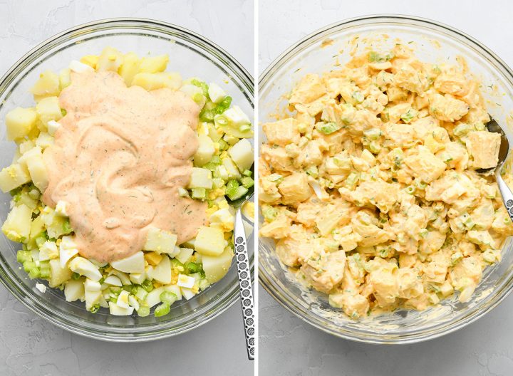 two photos showing How to Make Potato Salad - adding the dressing and stirring to combine