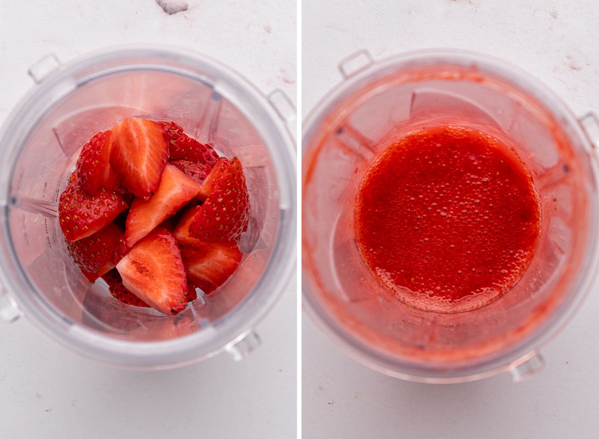 two photos showing strawberries in a blender before and after blending to make this Strawberry Frosting Recipe