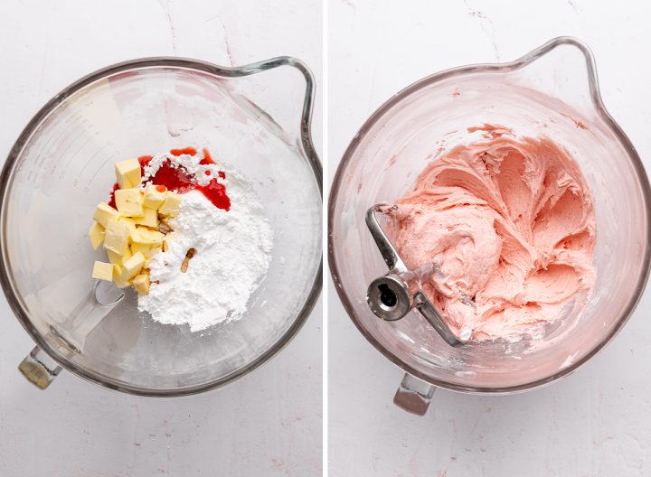 two photos showing how to make Strawberry Frosting Recipe, beating the ingredients together